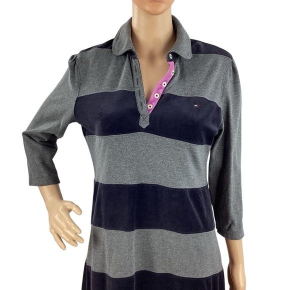 Tommy Hilfiger Striped Rugby Polo Dress Gray Navy Velour Accent Medium - Picture 2 of 7